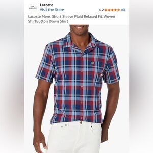 Lacoste sz L Men's Red and Blue Plaid Button-Down Shirt